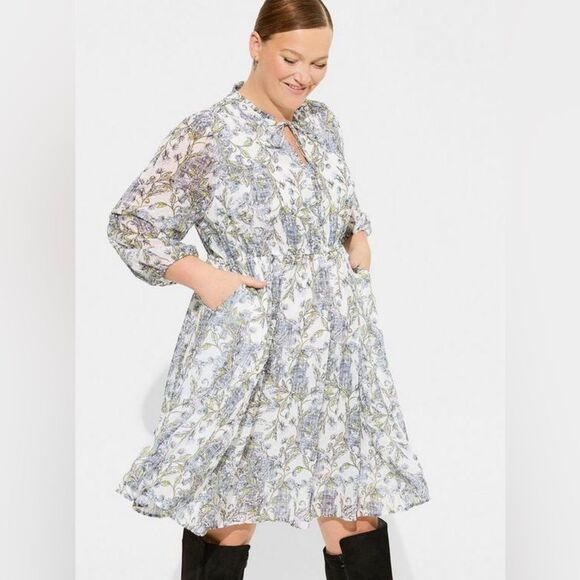 Torrid Mini Clip Dot Front Keyhole White and Blue Floral Dress Torrid Size 1 NWT - Picture 2 of 9